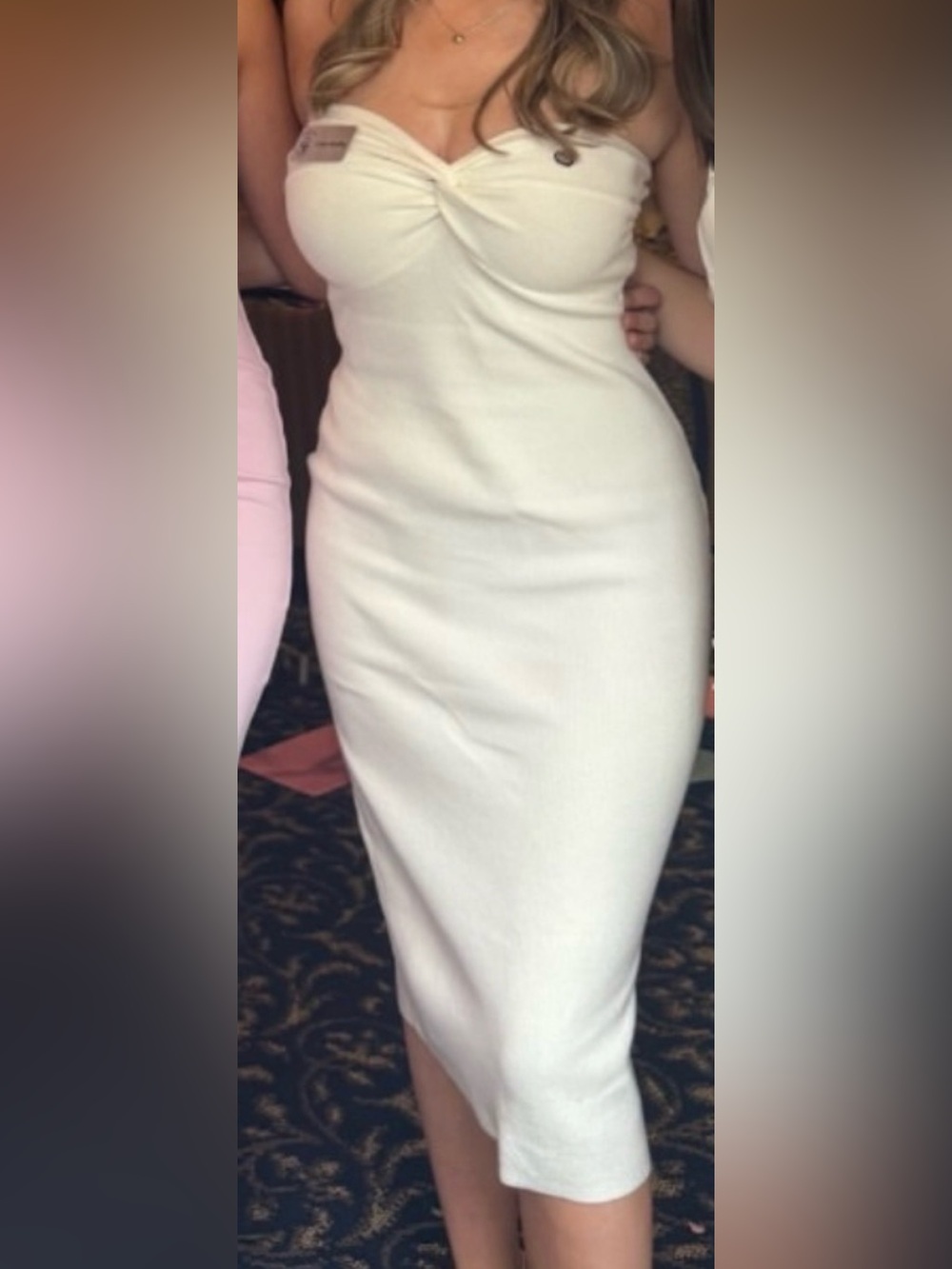 Minimalist White Strapless Front Twist Bodycon Midi Dress